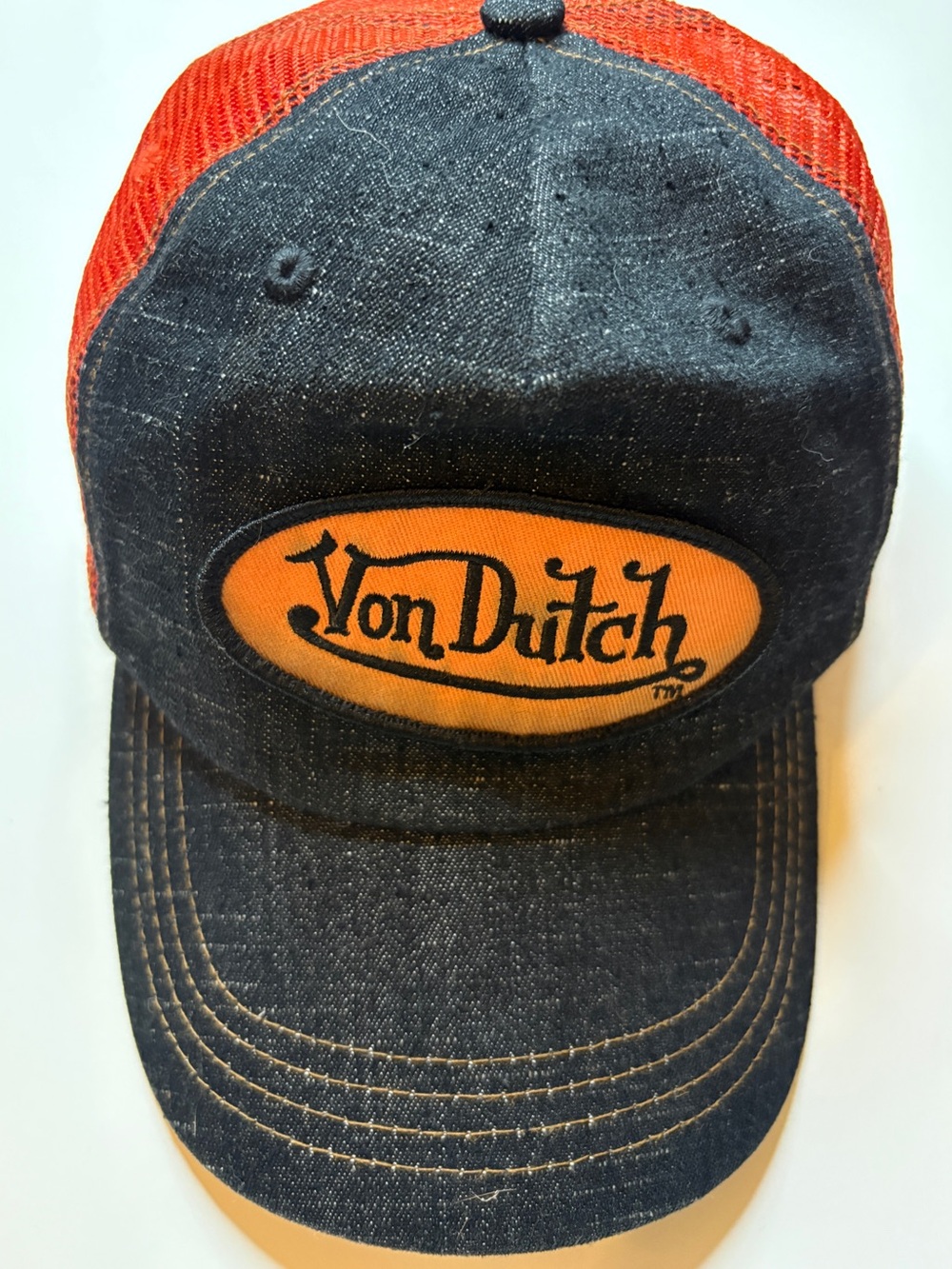 VON DUTCH TRUCKER HAT SNAP BACK FROM Y2K 2003 DENIM AND ORANGE